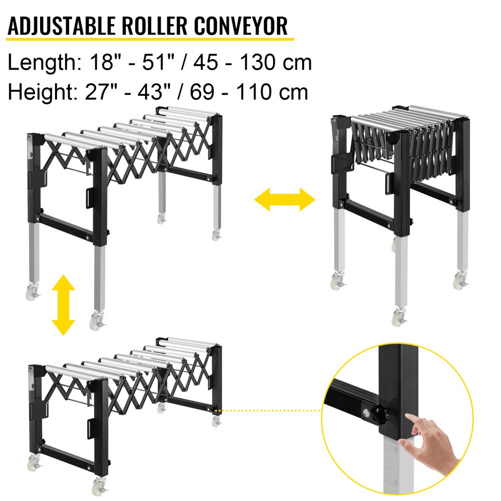 Transportador de rodillos de gravedad ajustable VEVOR 18-51" Longitud 27-43" Altura Transportador de rodillos 110 lbs Capacidad de carga Transportador de gravedad con rodillos de acero galvanizado de 1.5'' para almacenes Áreas de ensamblaje Fábricas