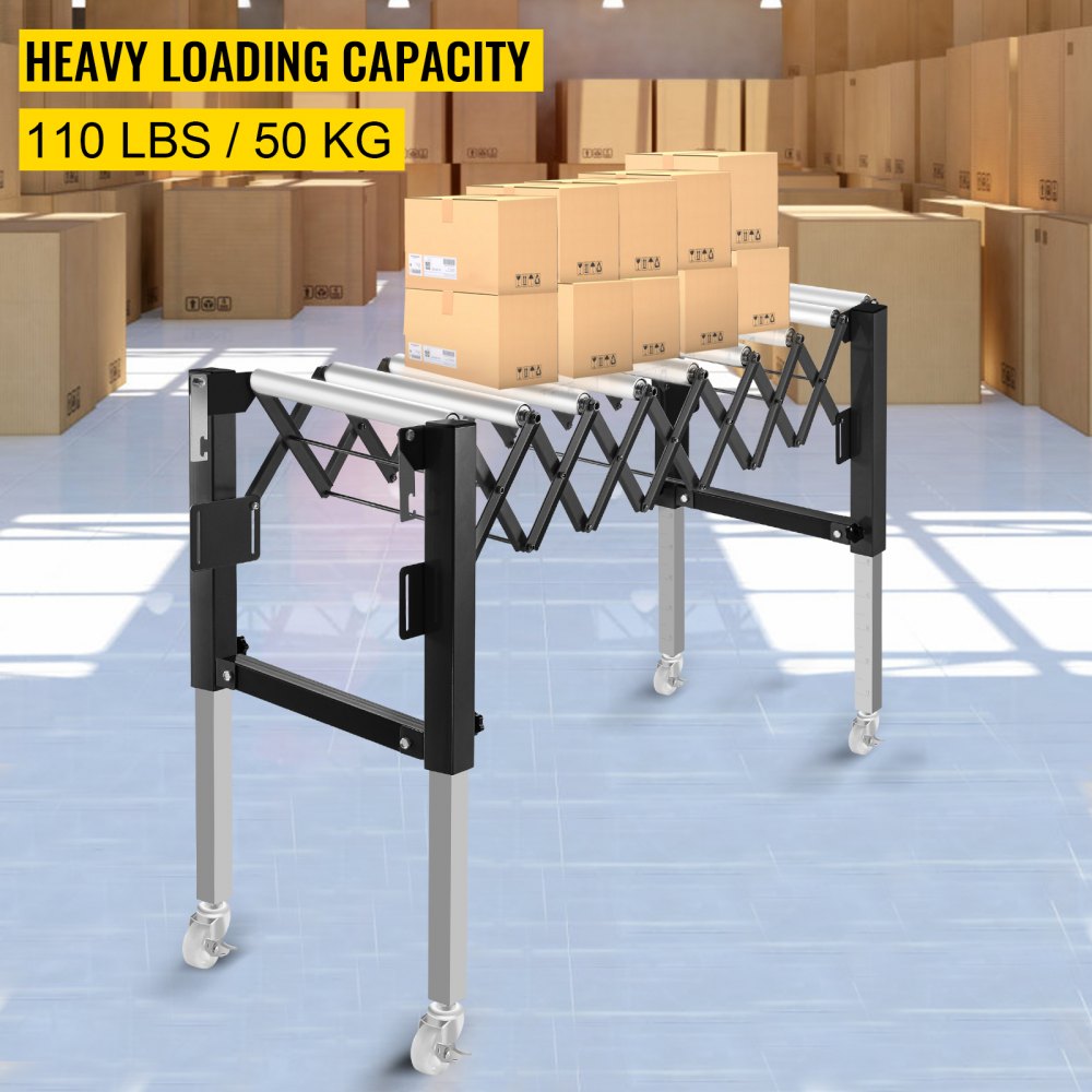 Transportador de rodillos de gravedad ajustable VEVOR 18-51" Longitud 27-43" Altura Transportador de rodillos 110 lbs Capacidad de carga Transportador de gravedad con rodillos de acero galvanizado de 1.5'' para almacenes Áreas de ensamblaje Fábricas