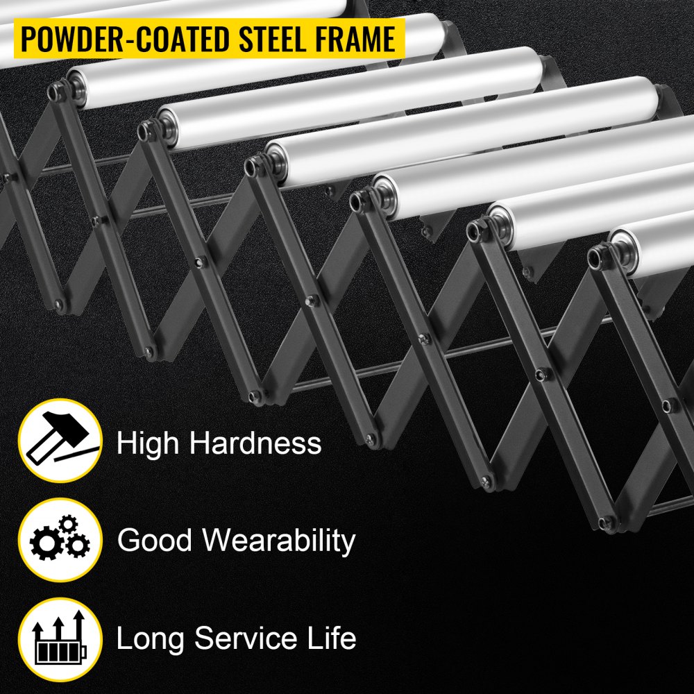Transportador de rodillos de gravedad ajustable VEVOR 18-51" Longitud 27-43" Altura Transportador de rodillos 110 lbs Capacidad de carga Transportador de gravedad con rodillos de acero galvanizado de 1.5'' para almacenes Áreas de ensamblaje Fábricas