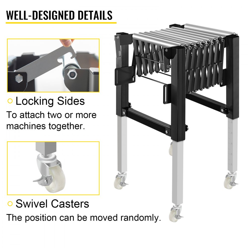 Transportador de rodillos de gravedad ajustable VEVOR 18-51" Longitud 27-43" Altura Transportador de rodillos 110 lbs Capacidad de carga Transportador de gravedad con rodillos de acero galvanizado de 1.5'' para almacenes Áreas de ensamblaje Fábricas