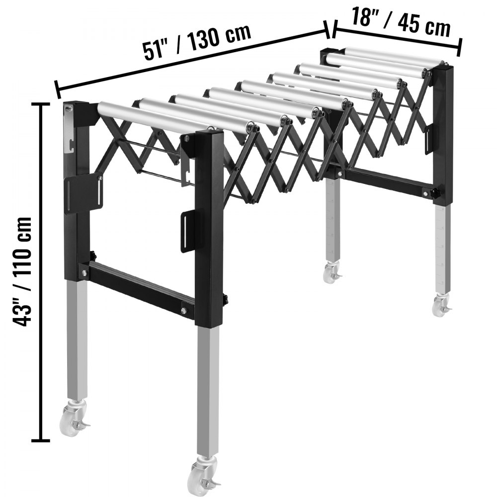 Transportador de rodillos de gravedad ajustable VEVOR 18-51" Longitud 27-43" Altura Transportador de rodillos 110 lbs Capacidad de carga Transportador de gravedad con rodillos de acero galvanizado de 1.5'' para almacenes Áreas de ensamblaje Fábricas