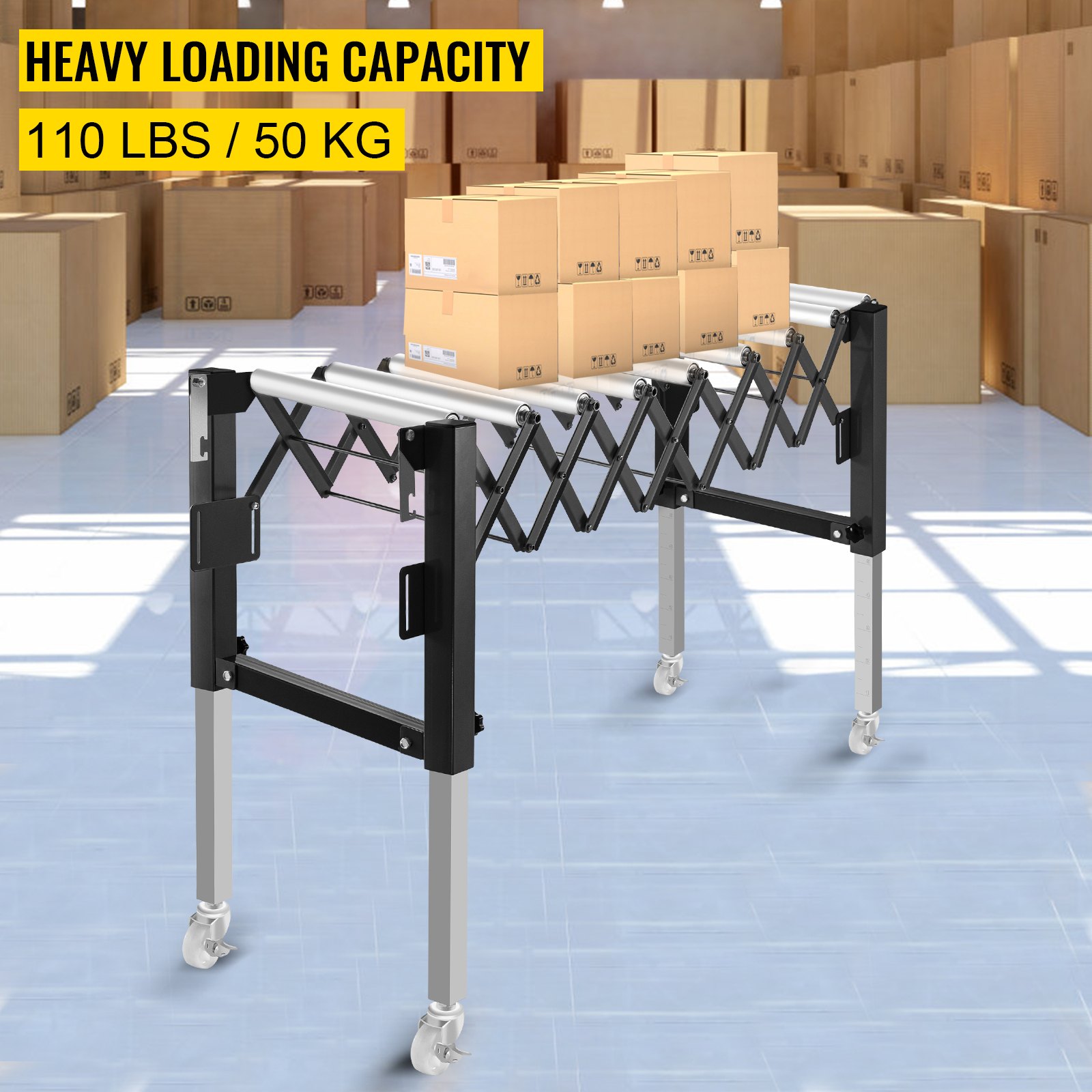 Transportador de rodillos de gravedad ajustable VEVOR 18-51" Longitud 27-43" Altura Transportador de rodillos 110 lbs Capacidad de carga Transportador de gravedad con rodillos de acero galvanizado de 1.5'' para almacenes Áreas de ensamblaje Fábricas