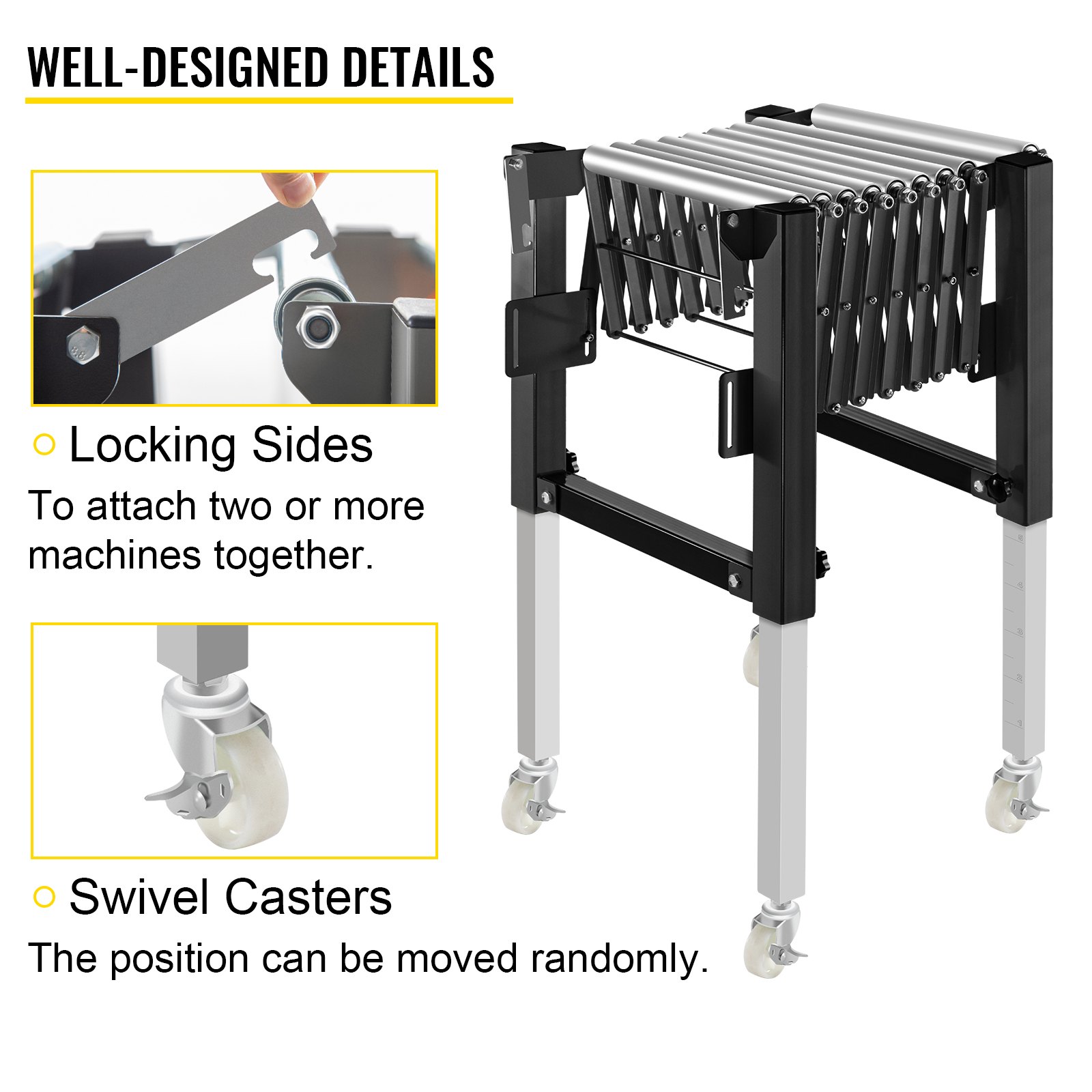 Transportador de rodillos de gravedad ajustable VEVOR 18-51" Longitud 27-43" Altura Transportador de rodillos 110 lbs Capacidad de carga Transportador de gravedad con rodillos de acero galvanizado de 1.5'' para almacenes Áreas de ensamblaje Fábricas
