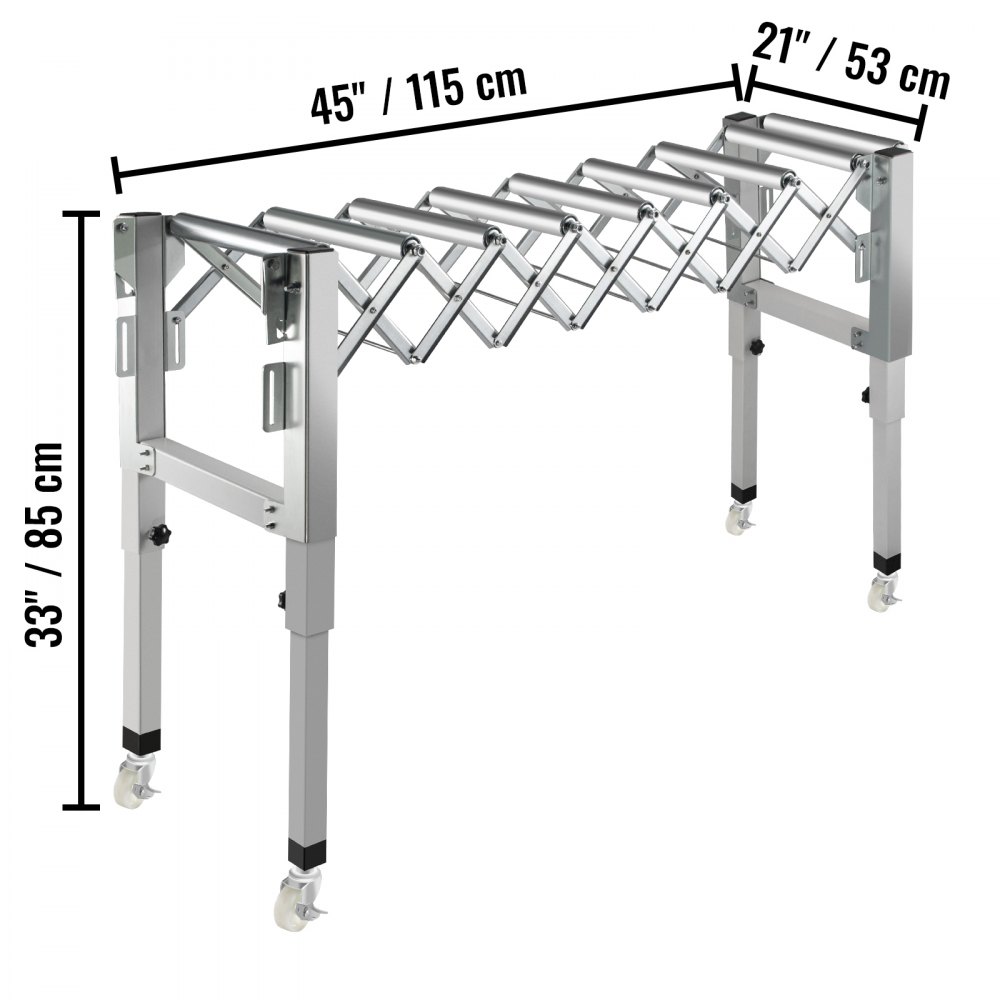 Transportador de rodillos de gravedad ajustable VEVOR 27-45" Longitud 21-33" Altura Transportador de rodillos 110 lbs Capacidad de carga Transportador de gravedad con rodillos de acero galvanizado de 1.7'' para almacenes Áreas de ensamblaje Fábricas