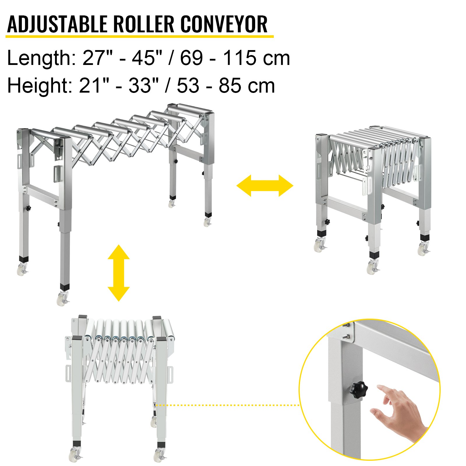 Transportador de rodillos de gravedad ajustable VEVOR 27-45" Longitud 21-33" Altura Transportador de rodillos 110 lbs Capacidad de carga Transportador de gravedad con rodillos de acero galvanizado de 1.7'' para almacenes Áreas de ensamblaje Fábricas
