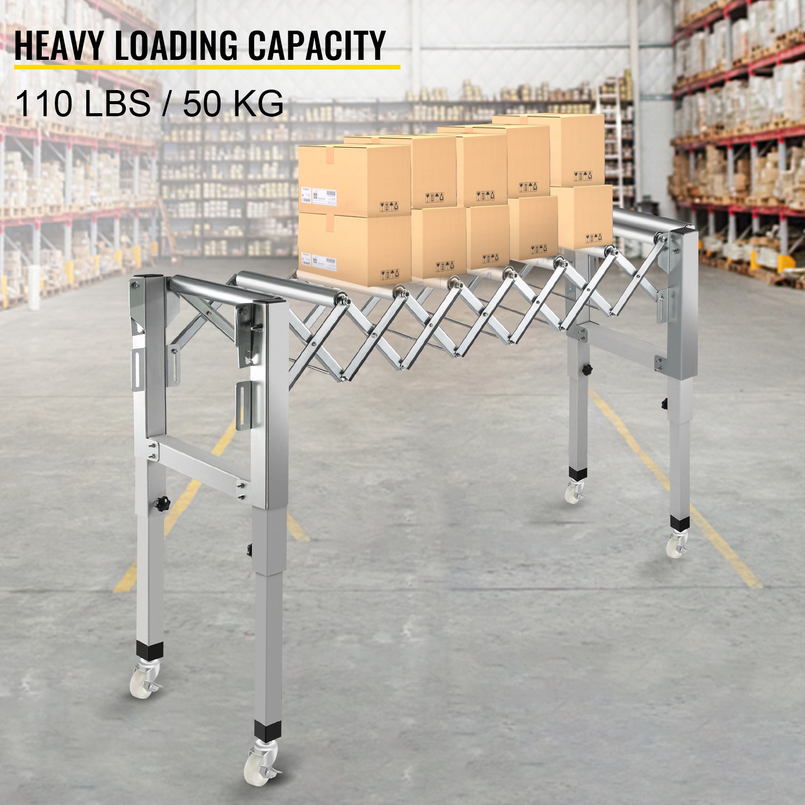 Transportador de rodillos de gravedad ajustable VEVOR 27-45" Longitud 21-33" Altura Transportador de rodillos 110 lbs Capacidad de carga Transportador de gravedad con rodillos de acero galvanizado de 1.7'' para almacenes Áreas de ensamblaje Fábricas