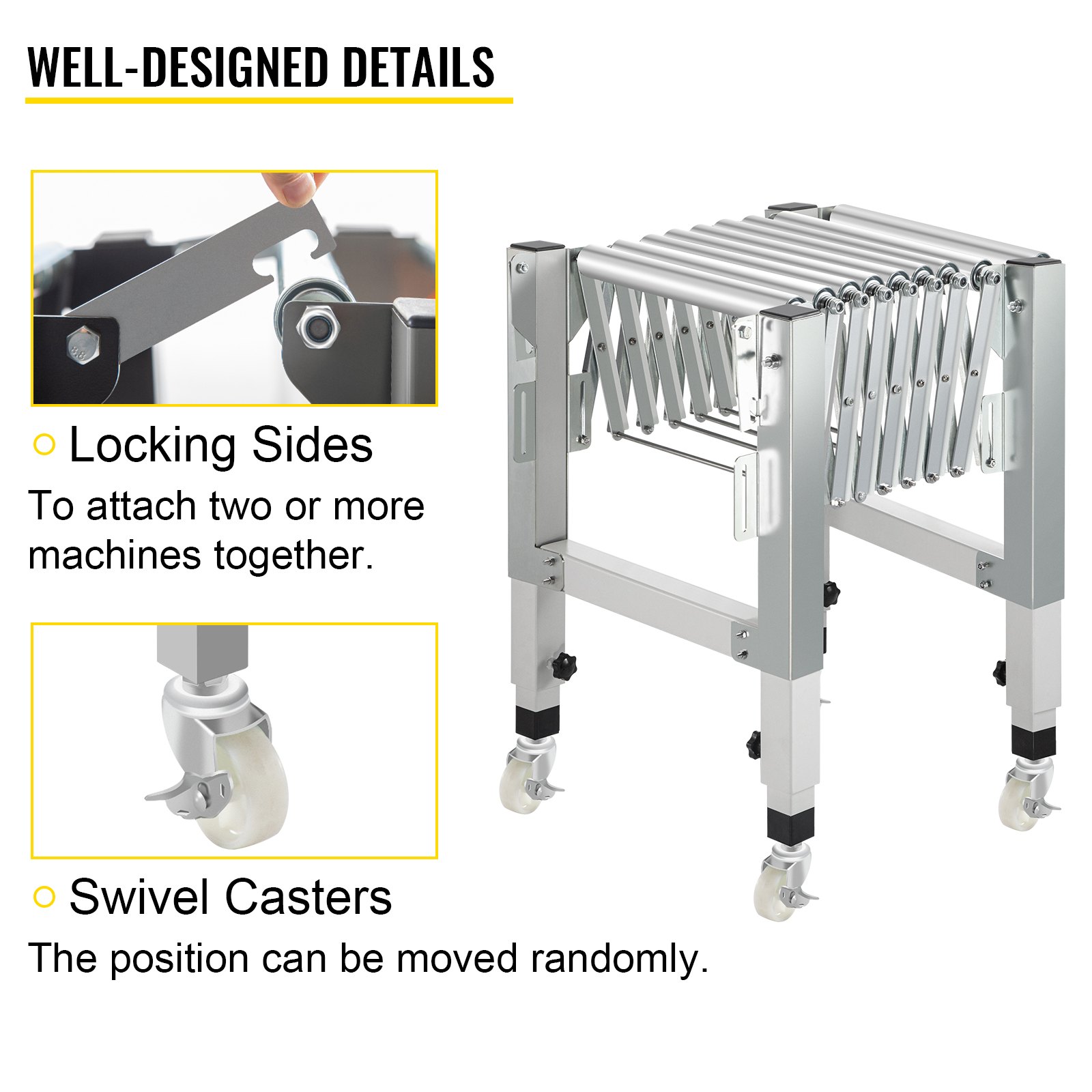 Transportador de rodillos de gravedad ajustable VEVOR 27-45" Longitud 21-33" Altura Transportador de rodillos 110 lbs Capacidad de carga Transportador de gravedad con rodillos de acero galvanizado de 1.7'' para almacenes Áreas de ensamblaje Fábricas