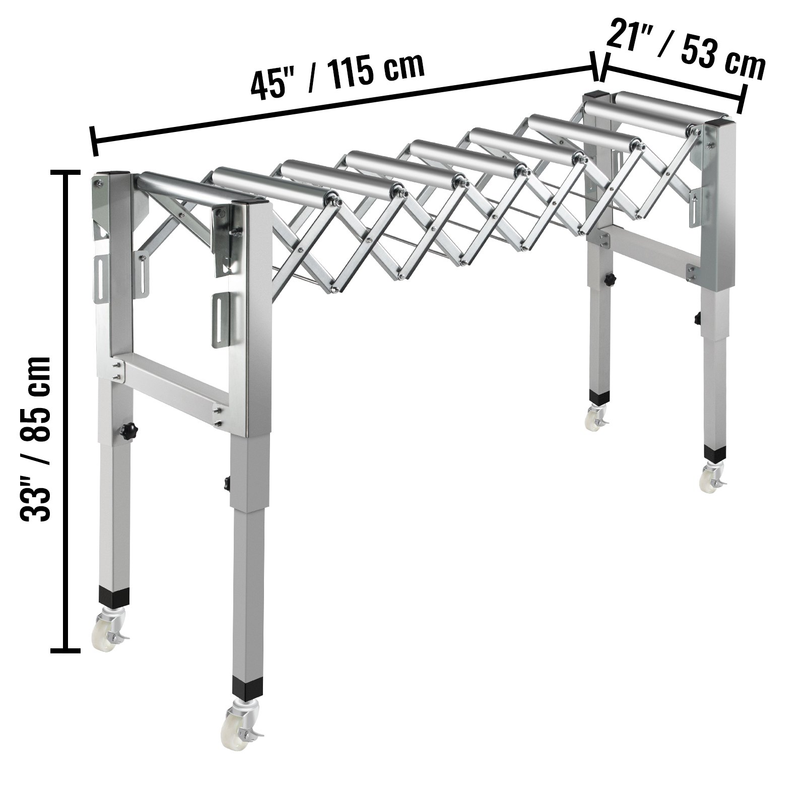 Transportador de rodillos de gravedad ajustable VEVOR 27-45" Longitud 21-33" Altura Transportador de rodillos 110 lbs Capacidad de carga Transportador de gravedad con rodillos de acero galvanizado de 1.7'' para almacenes Áreas de ensamblaje Fábricas