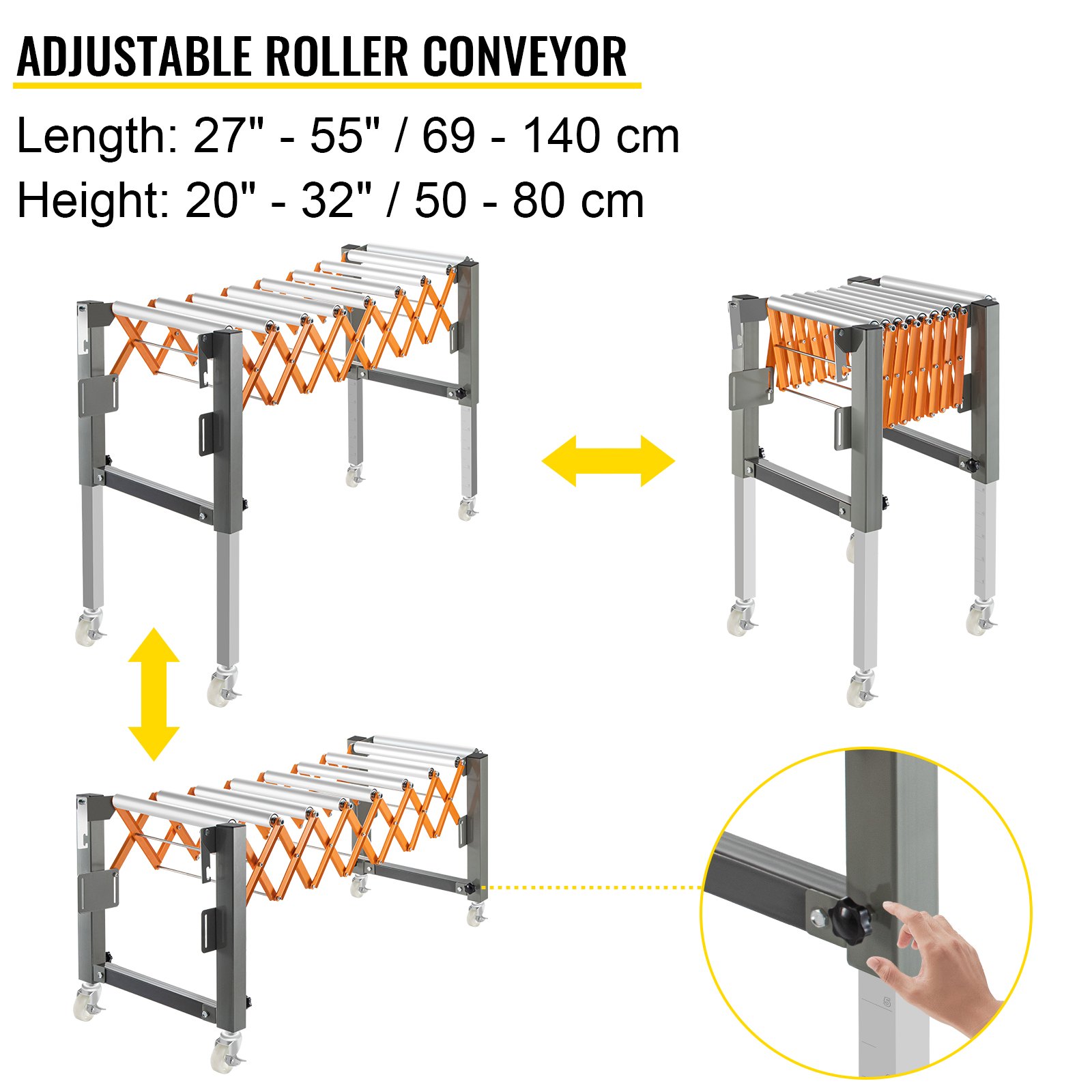VEVOR Adjustable Gravity Wheel 9 Roller Conveyor 69-140cm Length 50-80cm Height