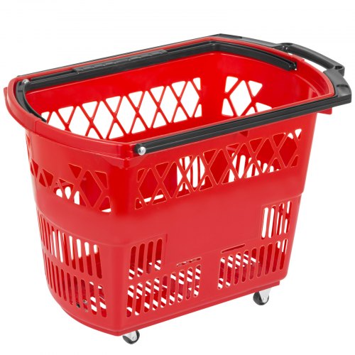 VEVOR 6PCS Shopping Carts, Plastic Rolling Shopping Basket with Wheels, Red Shopping Baskets with Handles, Portable Shopping Basket Set for Retail Store