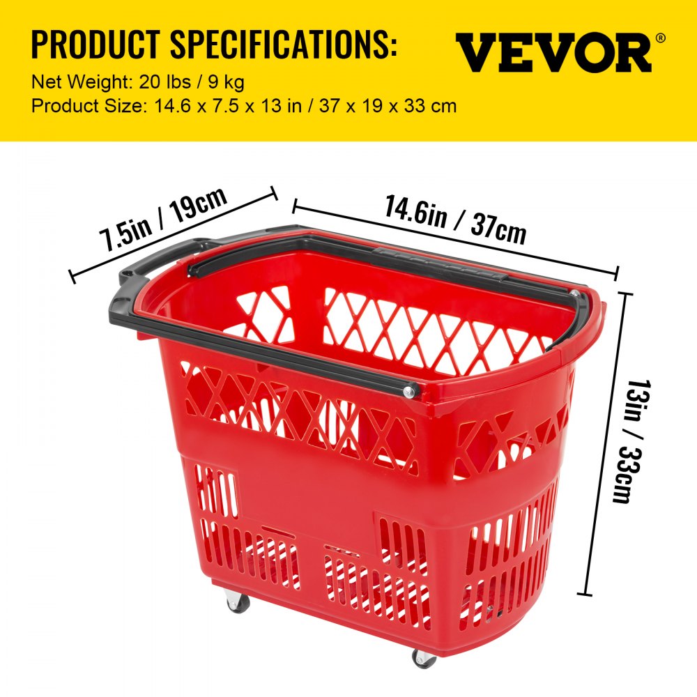 VEVOR Shopping Basket with Handle on Castors- Red Pack of 6