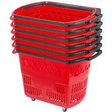 Nákupné vozíky VEVOR 6PCS, plastový nákupný košík s kolieskami, červené nákupné košíky s držadlami, súprava prenosných nákupných košíkov pre maloobchod