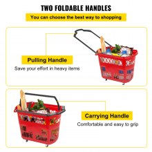 VEVOR 6PCS Shopping Carts, Plastic Rolling Shopping Basket with Wheels, Red Shopping Baskets with Handles, Portable Shopping Basket Set for Retail Store