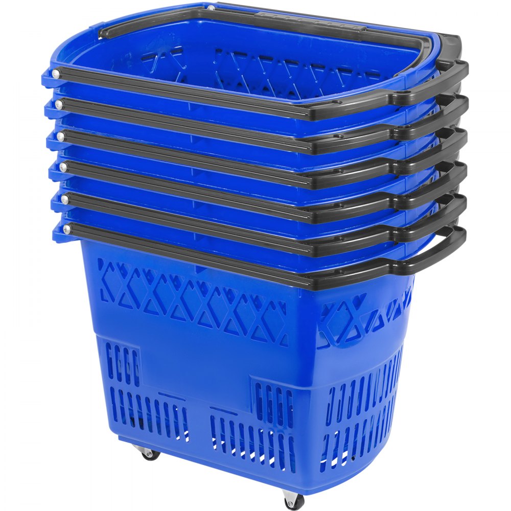 VEVOR 6 bucăți cărucioare de cumpărături, coșuri de cumpărături albastre cu mânere, coș de cumpărături rulant din plastic cu roți, set de coș de cumpărături portabil pentru magazinul cu amănuntul