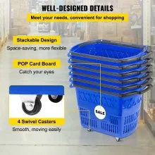 VEVOR 6PCS Shopping Carts, Blue Shopping Baskets with Handles, Plastic Rolling Shopping Basket with Wheels, Portable Shopping Basket Set for Retail Store