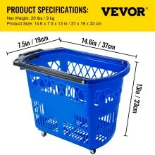 VEVOR 6PCS Shopping Carts, Blue Shopping Baskets with Handles, Plastic Rolling Shopping Basket with Wheels, Portable Shopping Basket Set for Retail Store