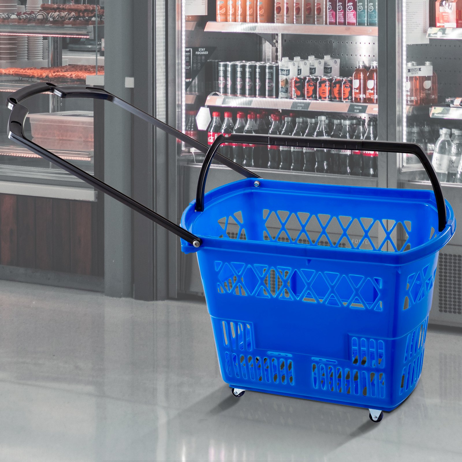 VEVOR 6PCS Shopping Carts, Blue Shopping Baskets with Handles, Plastic Rolling Shopping Basket with Wheels, Portable Shopping Basket Set for Retail Store