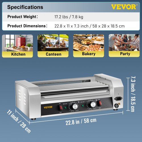 VEVOR Hot Dog Roller, 12 Hot Dog Capacity 5 Rollers, 750W Stainless Steel Cook Warmer Machine with Dual Temp Control, LED Light and Detachable Drip Tray, Sausage Grill Cooker for Kitchen Restaurant