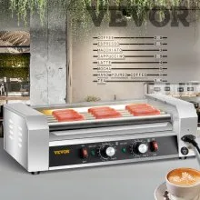VEVOR Rodillo para perritos calientes, 12 capacidad para perritos calientes, 5 rodillos, máquina calentadora de cocción de acero inoxidable de 750 W con control de temperatura dual, luz LED y bandeja de goteo desmontable, parrilla para salchichas para cocina restaurante