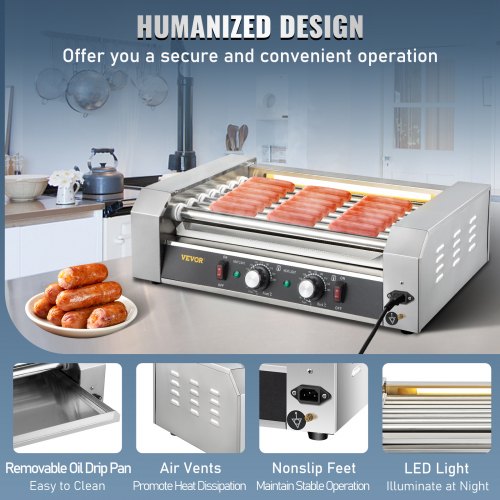VEVOR Hot Dog Roller, 18 Hot Dog Capacity 7 Rollers, 1050W Stainless Steel Cook Warmer Machine with Dual Temp Control, LED Light and Detachable Drip Tray, Sausage Grill Cooker for Kitchen Restaurant