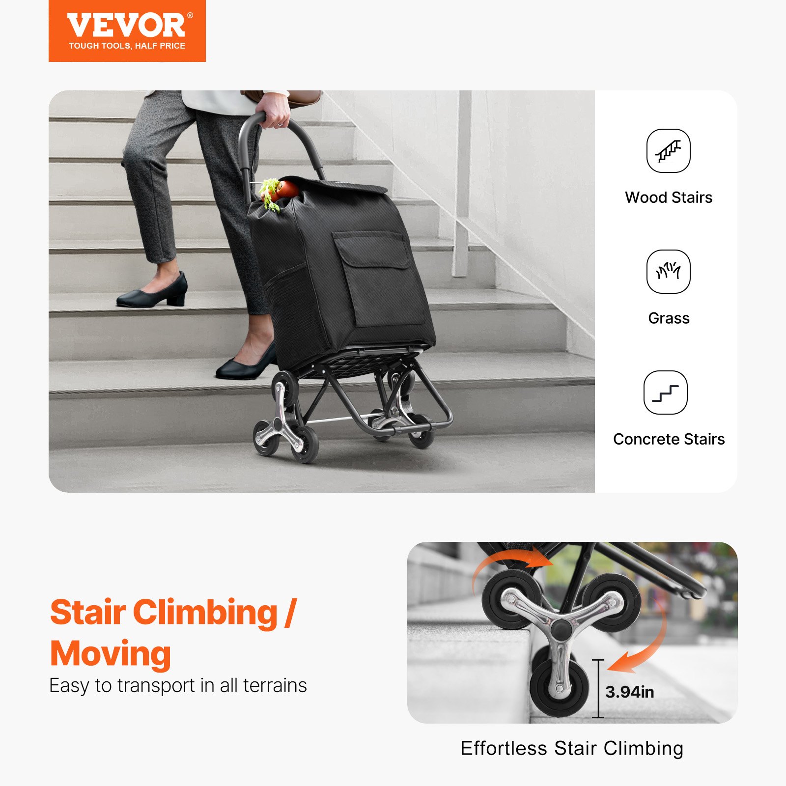 VEVOR Stair Climber Trolley Dolly, 36L Folding Shopping Cart, Grocery Cart Trolley Laundry Stair Climbing Handcart with 6 Wheels & Oxford Cloth Bag, Foldable Cart for Shopping Grocery Laundry, Black