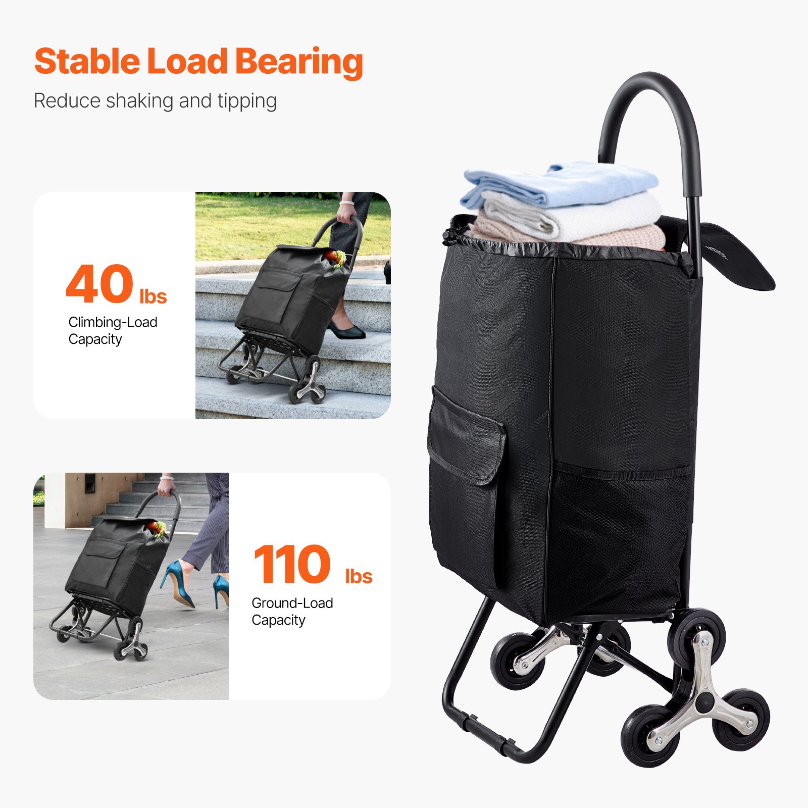 VEVOR Stair Climber Trolley Dolly, 36L Folding Shopping Cart, Grocery Cart Trolley Laundry Stair Climbing Handcart with 6 Wheels & Oxford Cloth Bag, Foldable Cart for Shopping Grocery Laundry, Black