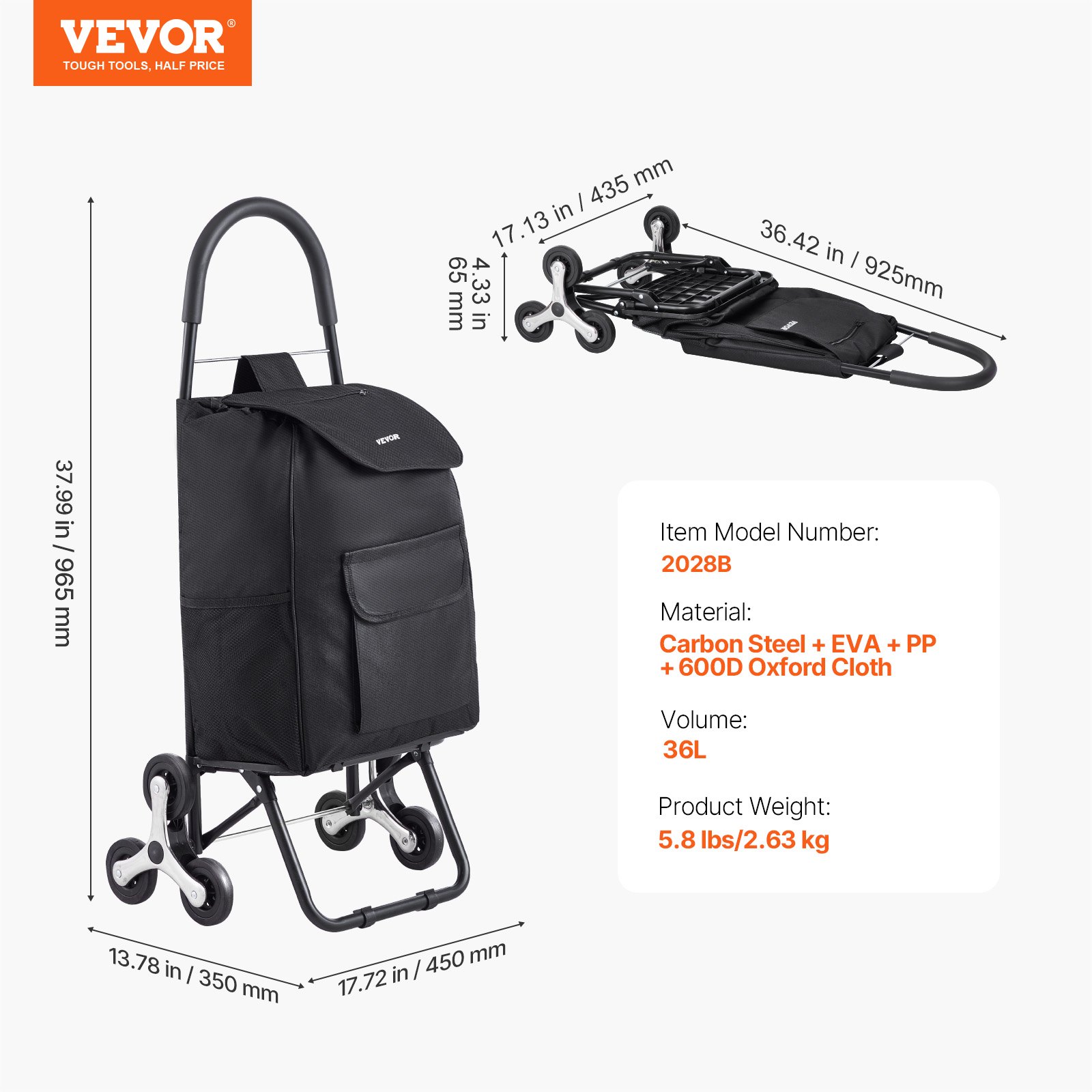 VEVOR Stair Climber Trolley Dolly, 36L Folding Shopping Cart, Grocery Cart Trolley Laundry Stair Climbing Handcart with 6 Wheels & Oxford Cloth Bag, Foldable Cart for Shopping Grocery Laundry, Black