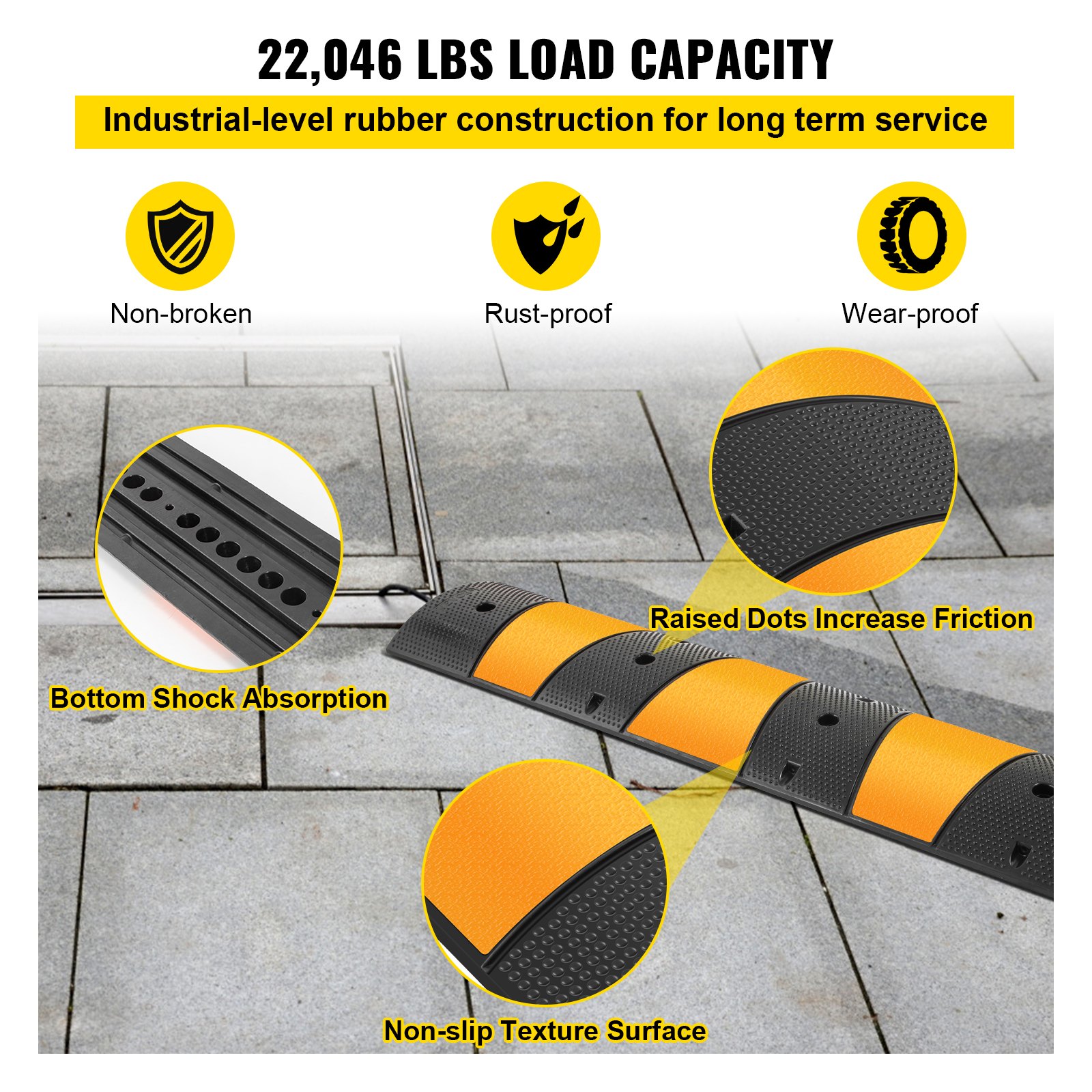 VEVOR 1.83 M Rubber Speed Bump for Driveways, 185 x 31 x 5.5 cm, 10,000 kg Load Capacity Durable Cable Guard Ramp, 3 x 4 cm Dual-Channel, for Garage, Gravel, Asphalt, Concrete Paths