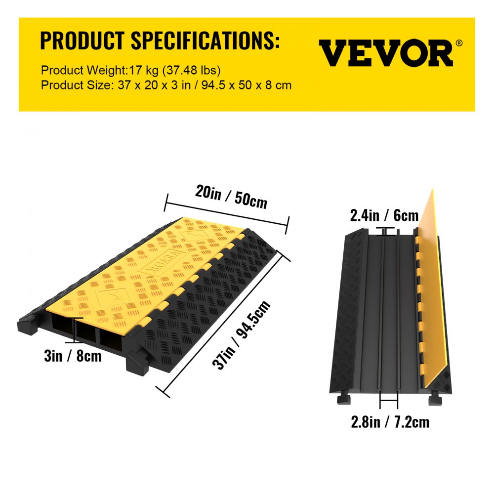 VEVOR 3 Channel Cable Ramp Protector Cable Cover 6600 lbs Capacity Heavy-Duty