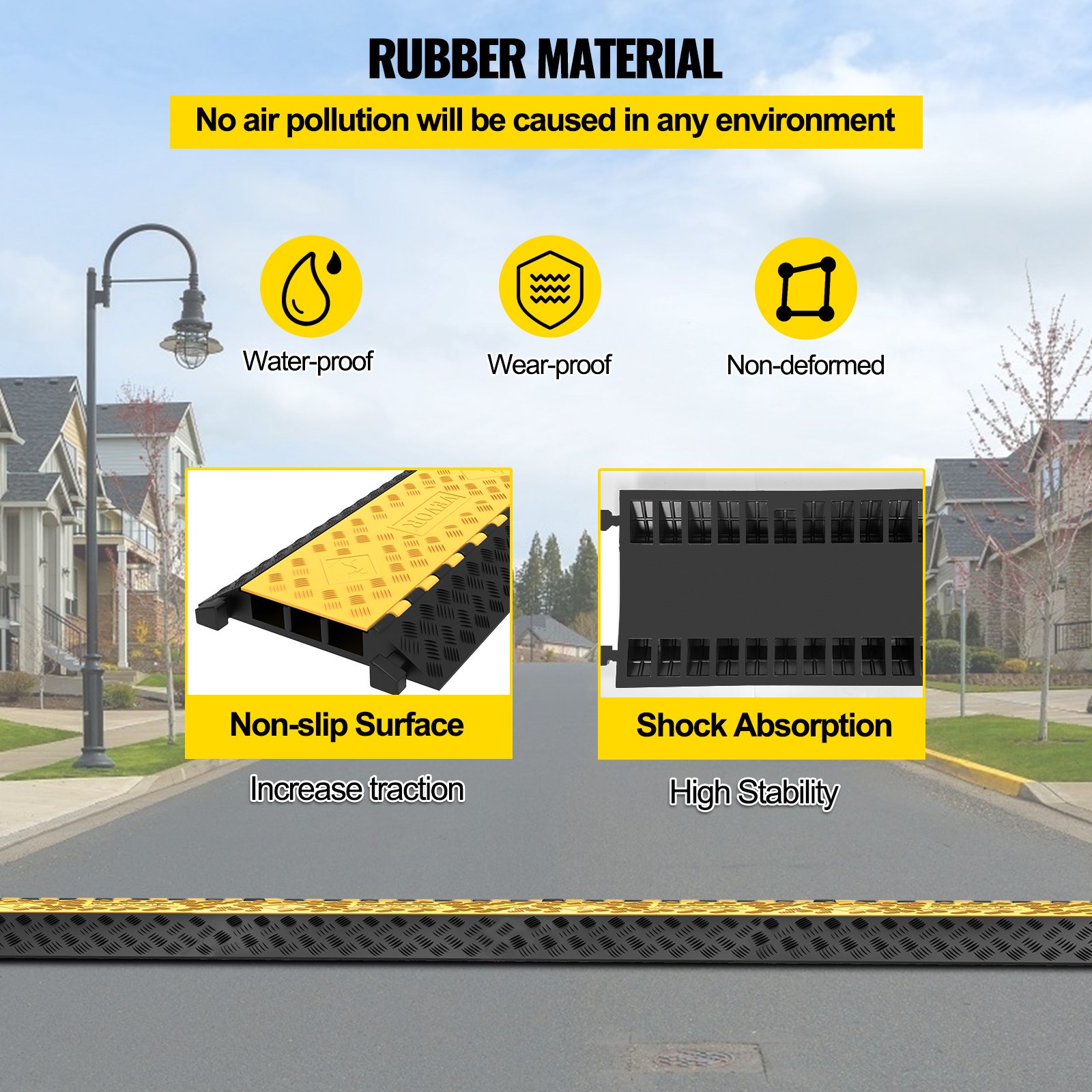 VEVOR 3 Channel Rubber Cable Protector Ramp 2 x 2.3 Inch Channel Heavy Duty Cable Wire Cord Cover Ramp Speed Bump Driveway Hose Cable Ramp Protective Cover