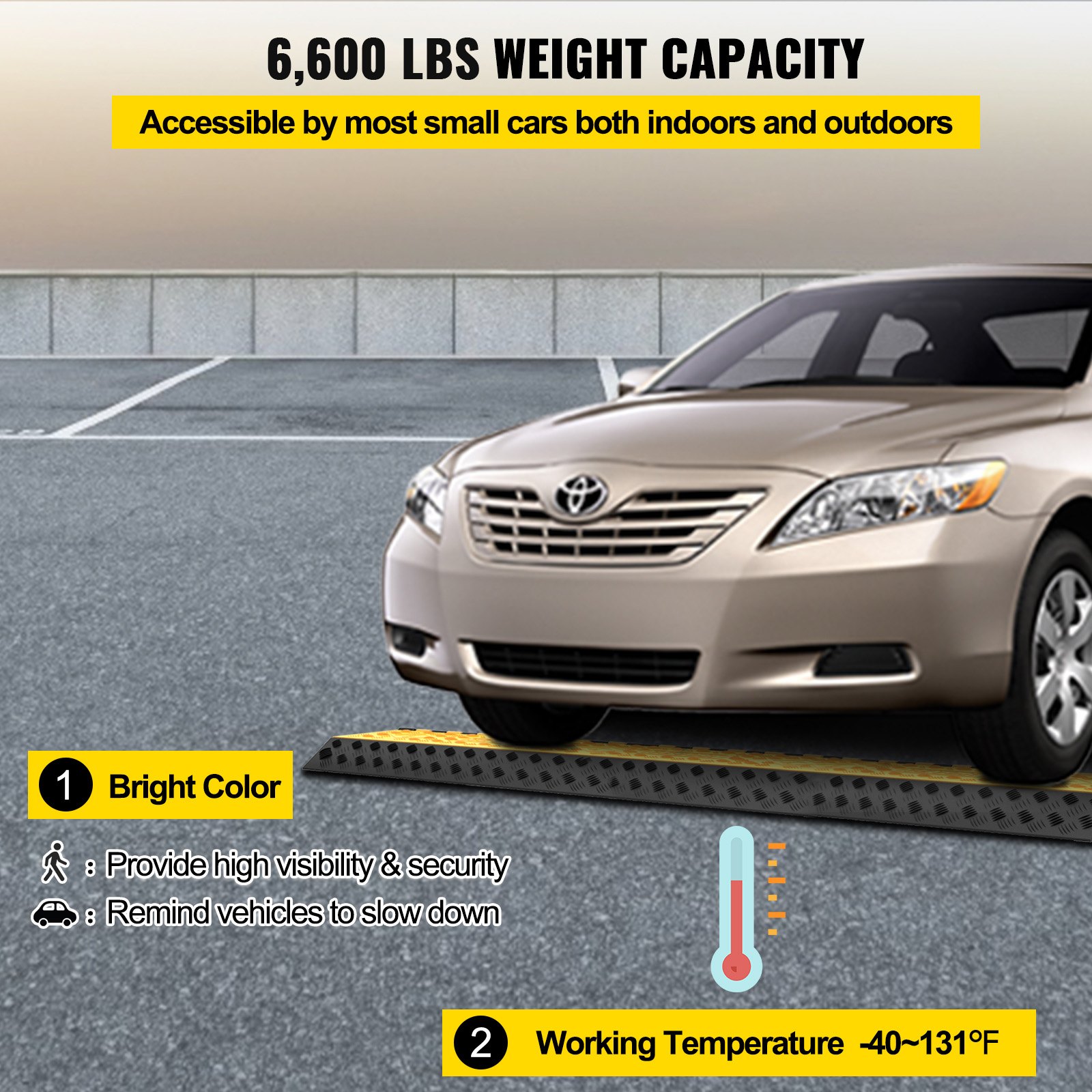 car on VEVOR cable protector ramps with 44,000 lbs weight capacity and bright color.