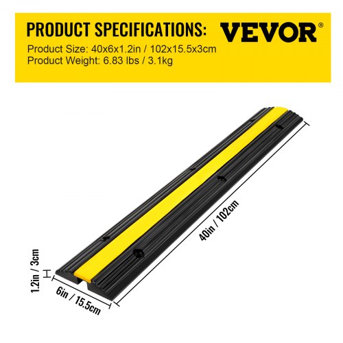 VEVOR Cable Protector Ramp, 3 Packs 1 Channels Speed Bump Hump, Rubber Modular Speed Bump Rated 18000 LBS Load Capacity, Protective Wire Cord Ramp Driveway Rubber Traffic Speed Bumps Cable Protector