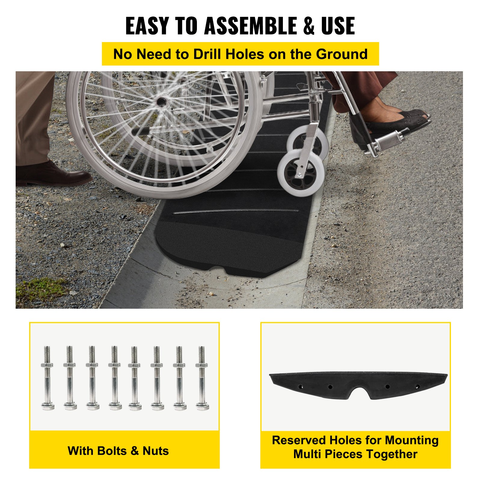 VEVOR Curb Ramp, 2 Pack Rubber Driveway Ramps, Heavy Duty 32000 lbs Weight Capacity Threshold Ramp, 2.6 inch High Curbside Bridge Ramps for Loading Dock Garage Sidewalk, Expandable Full Ramp Set