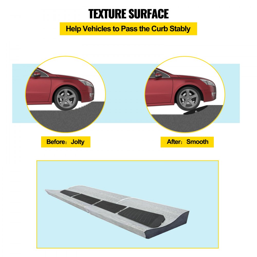 VEVOR curb ramp enables vehicles to pass curbs smoothly compared to jolty curb crossings.