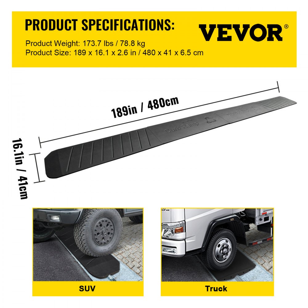 VEVOR curb ramp for suv and truck, 189in length, 16.1in width, 2.6in height.