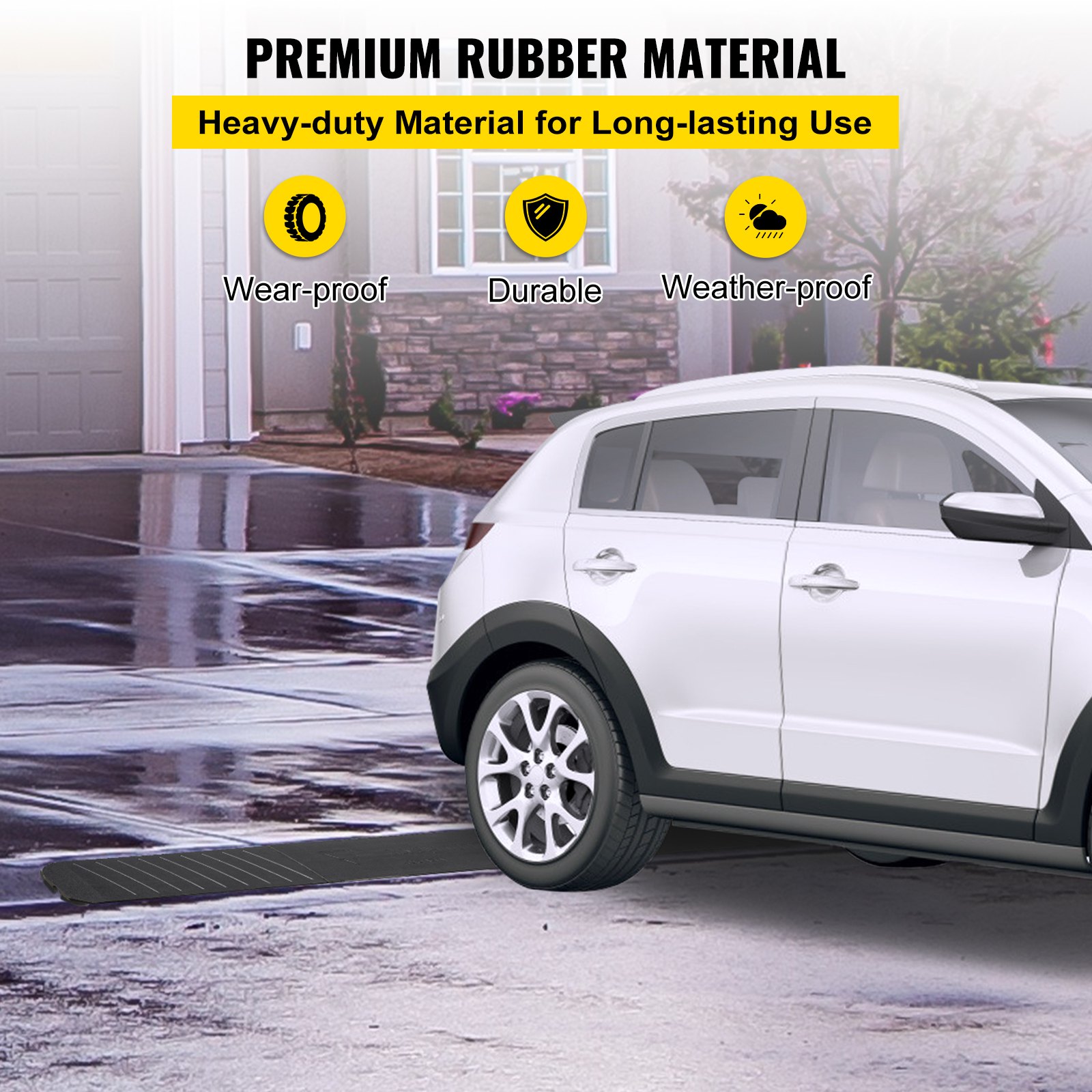 white suv using VEVOR curb ramp on wet driveway with text promoting durability.