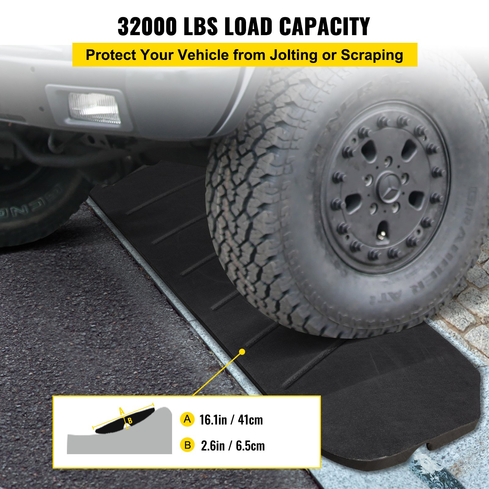 VEVOR curb ramp under vehicle tire showcasing 32000 lbs load capacity.