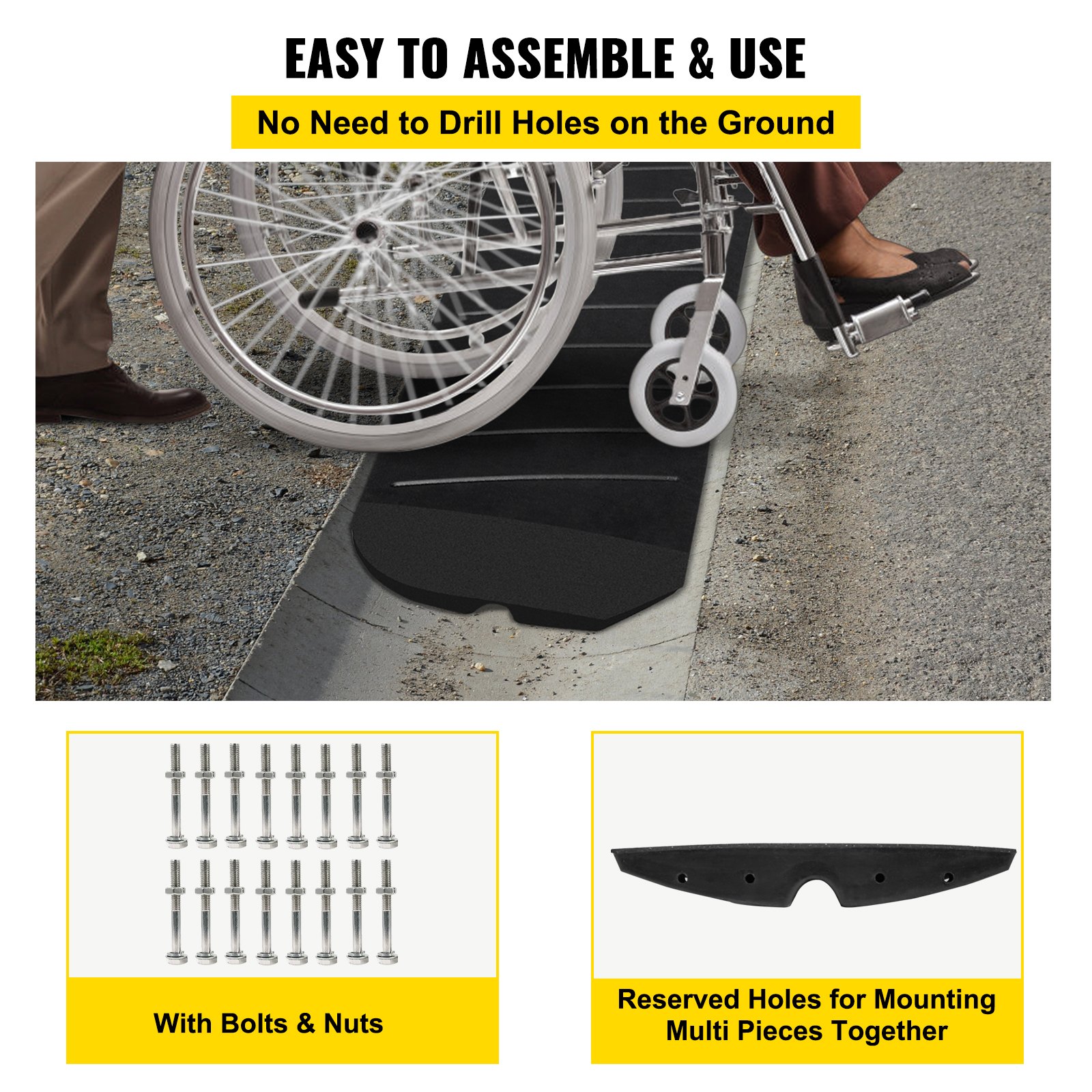 VEVOR curb ramp with bolts and nuts for easy wheelchair access over curb.