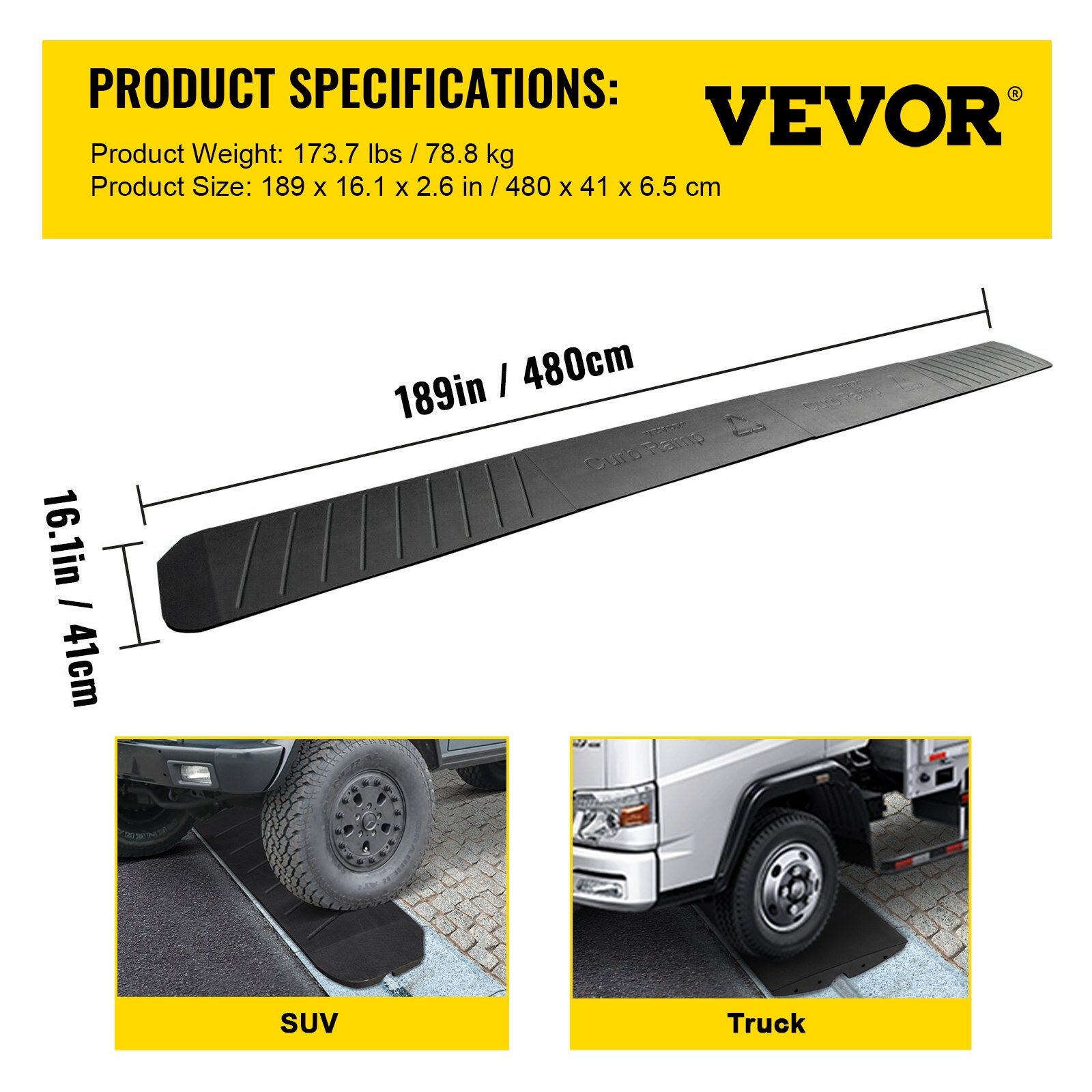 VEVOR curb ramp for suv and truck, 189in length, 16.1in width, 2.6in height.