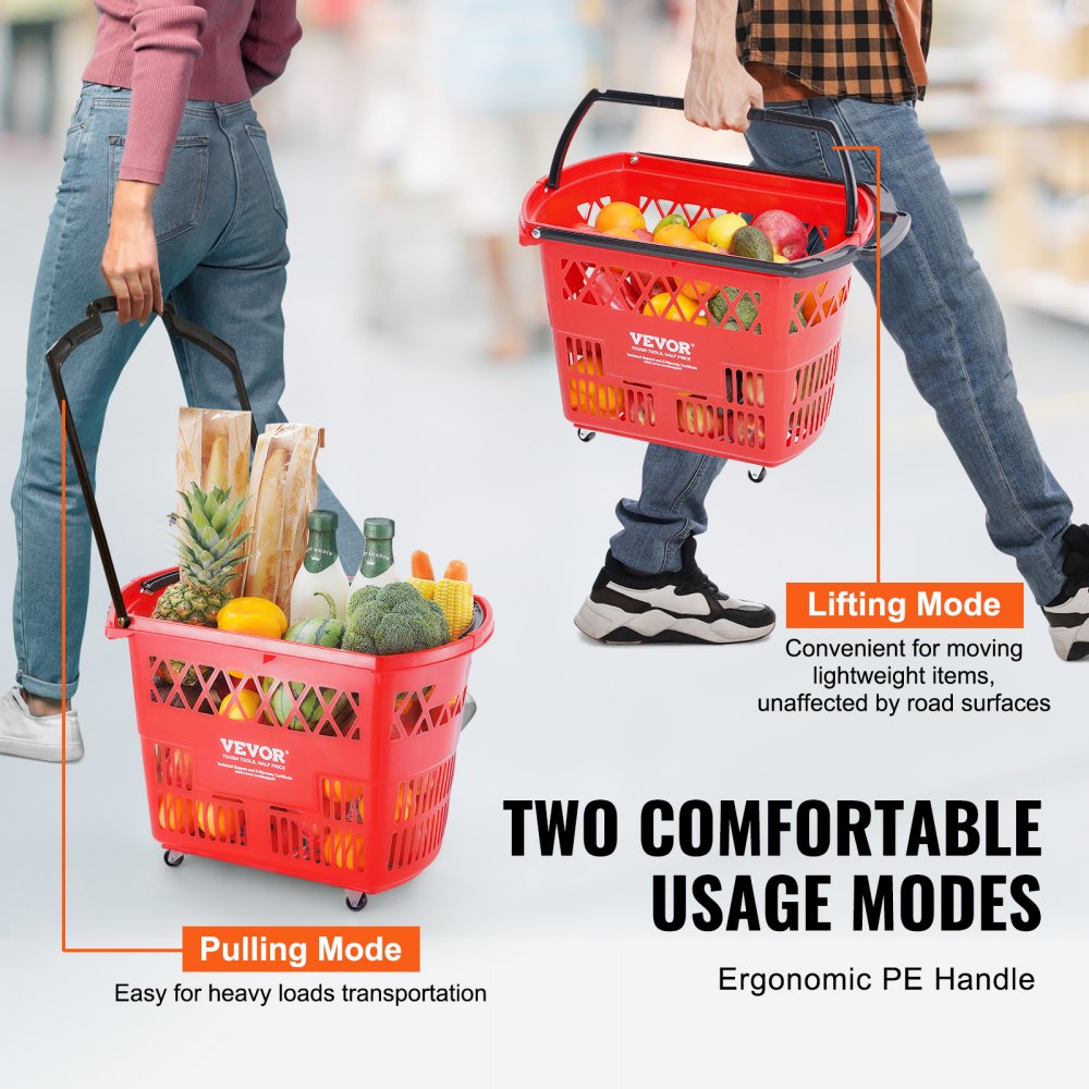 VEVOR Shopping Baskets, 6PCS, 39L Shopping Carts with Handles, Plastic Rolling Shopping Basket with Wheels, Large Portable Shopping Basket Set for Supermarkets, Retail Stores, Grocery Shopping, Red