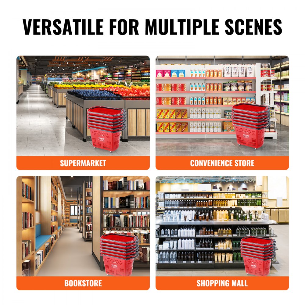 VEVOR Shopping Baskets, 6PCS, 39L Shopping Carts with Handles, Plastic Rolling Shopping Basket with Wheels, Large Portable Shopping Basket Set for Supermarkets, Retail Stores, Grocery Shopping, Red