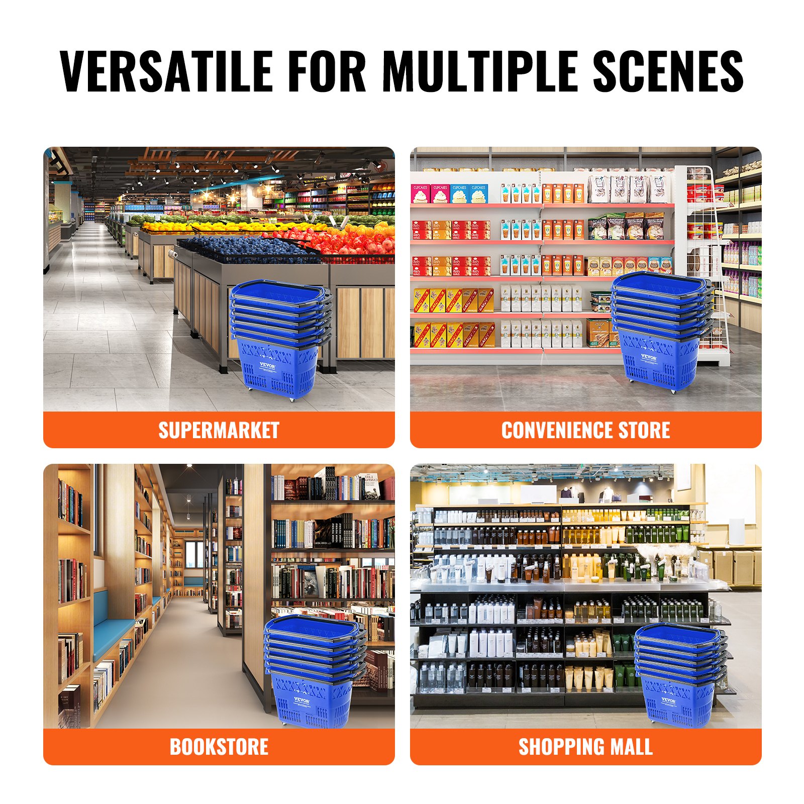 VEVOR Shopping Baskets, 6PCS, 39L Shopping Carts with Handles, Plastic Rolling Shopping Basket with Wheels, Large Portable Shopping Basket Set for Supermarkets, Retail Stores, Grocery Shopping, Blue
