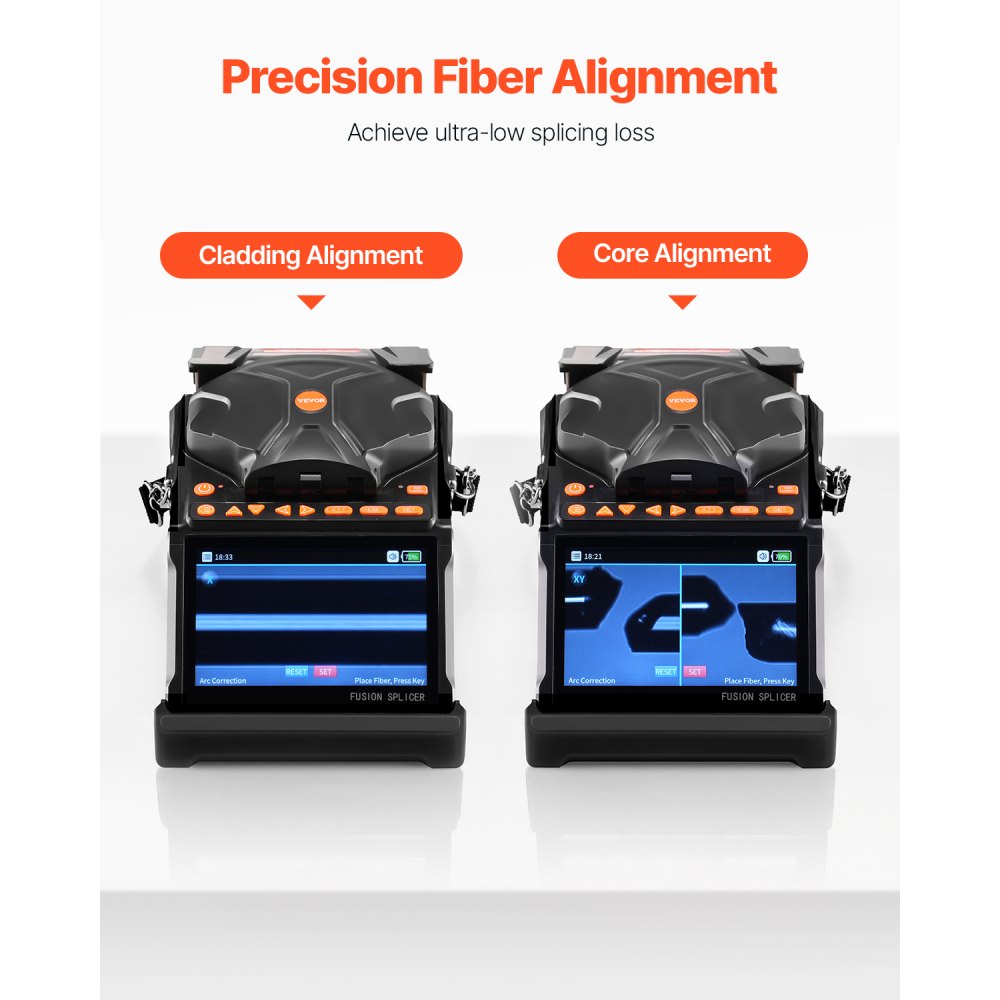 VEVOR Fiber Fusion Splicer 6 Motors, Core & Clad Alignment Fibers Optic Splicer with 6s Fast Splicing and 13s Heating, 5" LCD Screen, 3 in 1 Fiber Holder, 7800mAh Battery for SM MM DS NZDS Fibers