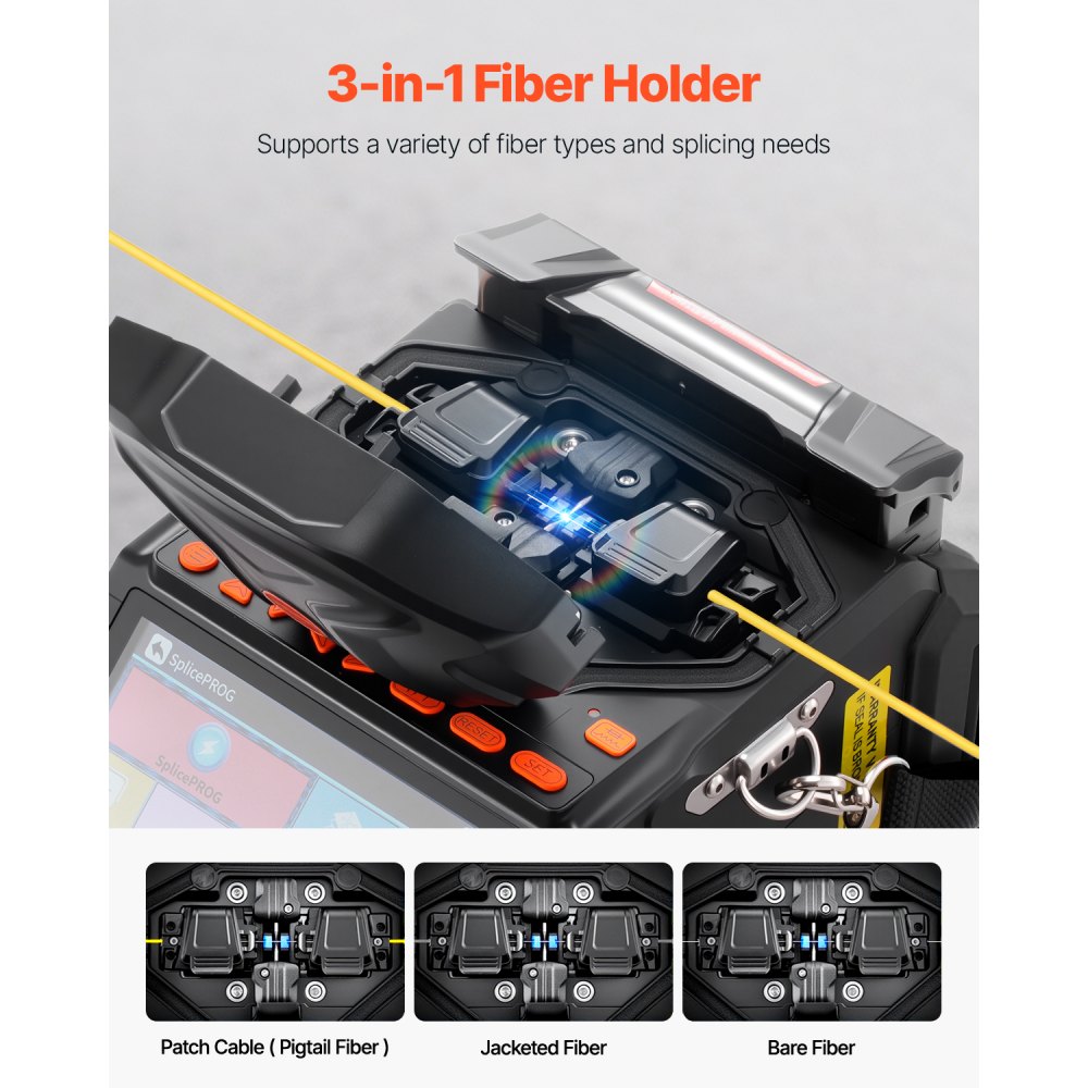 VEVOR Fiber Fusion Splicer 6 Motors, Core & Clad Alignment Fibers Optic Splicer with 6s Fast Splicing and 13s Heating, 5" LCD Screen, 3 in 1 Fiber Holder, 7800mAh Battery for SM MM DS NZDS Fibers