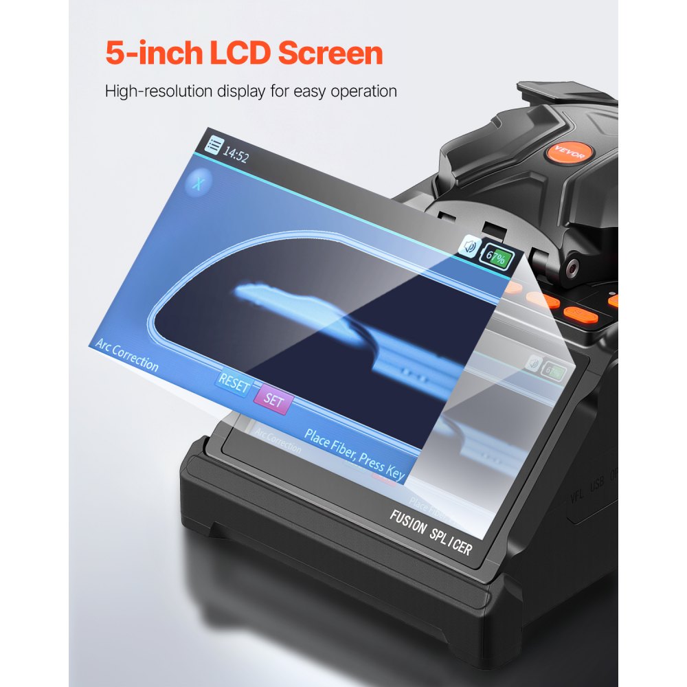 VEVOR Fiber Fusion Splicer 6 Motors, Core & Clad Alignment Fibers Optic Splicer with 6s Fast Splicing and 13s Heating, 5" LCD Screen, 3 in 1 Fiber Holder, 7800mAh Battery for SM MM DS NZDS Fibers