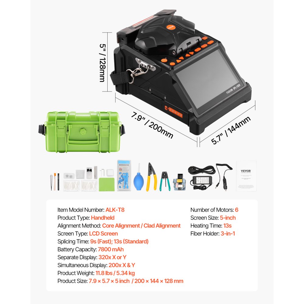 VEVOR Fiber Fusion Splicer 6 Motors, Core & Clad Alignment Fibers Optic Splicer with 6s Fast Splicing and 13s Heating, 5" LCD Screen, 3 in 1 Fiber Holder, 7800mAh Battery for SM MM DS NZDS Fibers