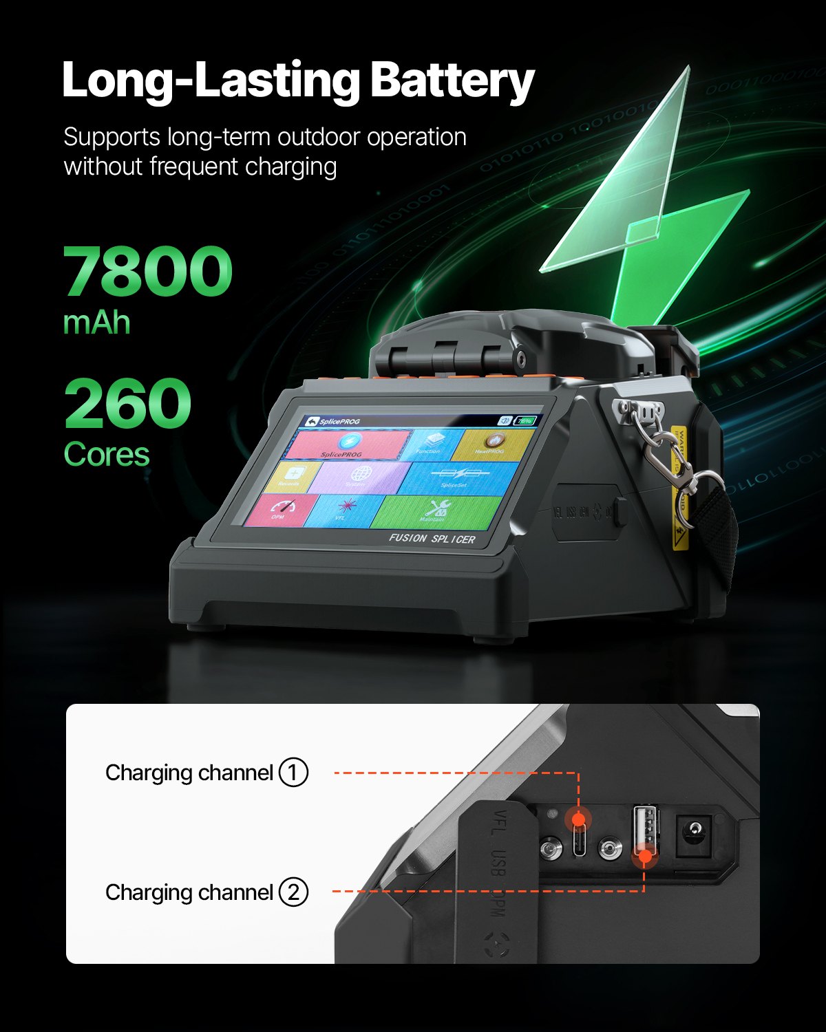 VEVOR Fiber Fusion Splicer 6 Motors, Core & Clad Alignment Fibers Optic Splicer with 6s Fast Splicing and 13s Heating, 5" LCD Screen, 3 in 1 Fiber Holder, 7800mAh Battery for SM MM DS NZDS Fibers
