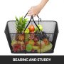 hand carrying VEVOR shopping baskets filled with assorted fruits, emphasizing durability and sturdiness.