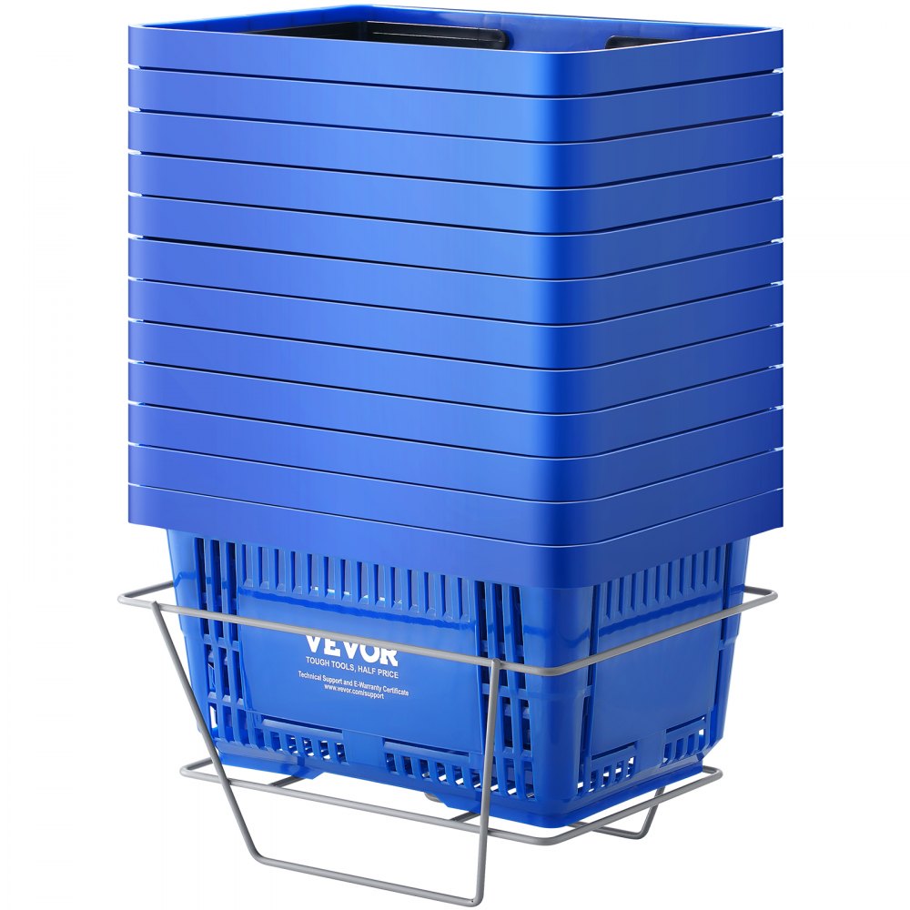 stack of blue VEVOR shopping baskets on a metal holder.