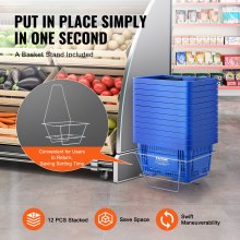 VEVOR Shopping Basket, Set of 12, 24L Durable Plastic Grocery Basket with Handle and Stand, 425 x 295 x 225 mm Portable Shop Basket Bulk Used for Retail Store, Supermarket, Grocery Shopping, Blue